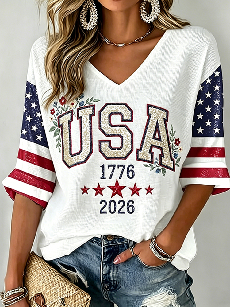 Women's Independence Day Art Three-quarter Sleeve V Neck Linen Tops-America250