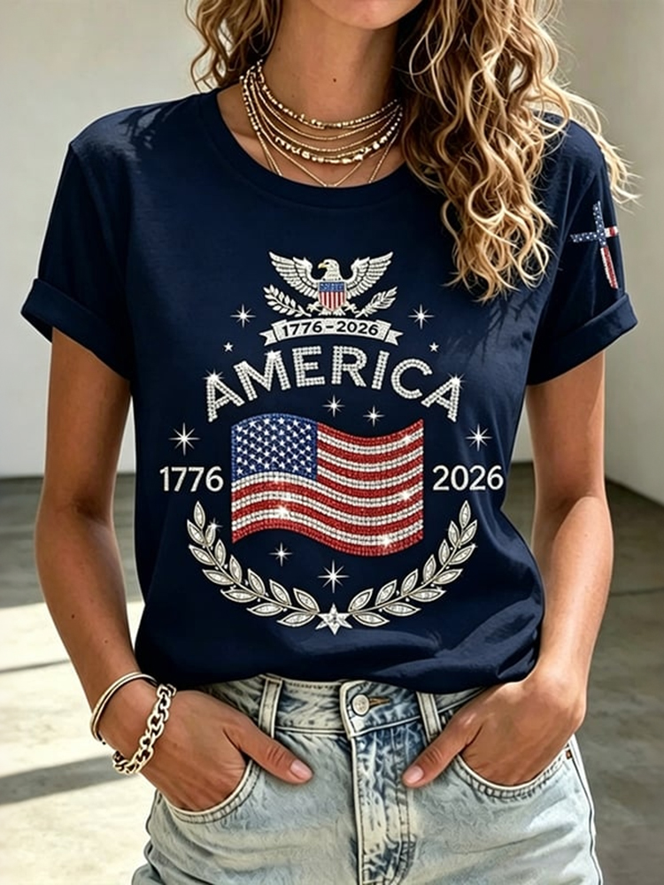 Women's Anniversary Flag Hot Diamond Print Casual T-shirt-America250
