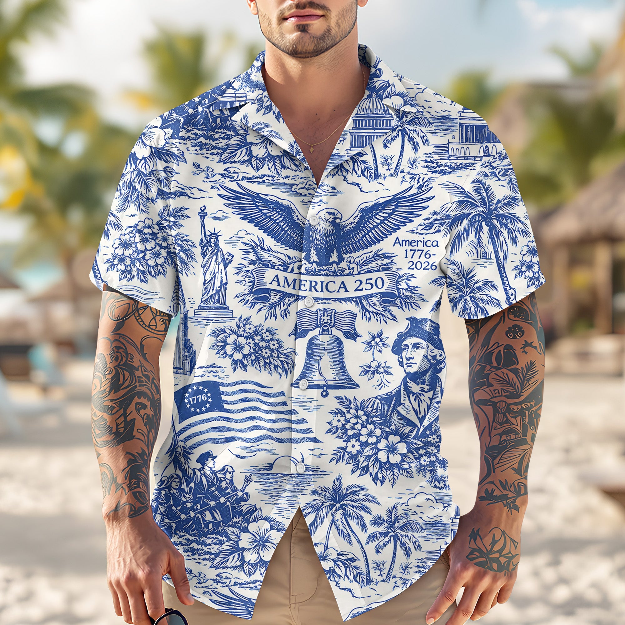America 250th Anniversary Toile De Jouy Style Patriotic Hawaii Shirt-America250