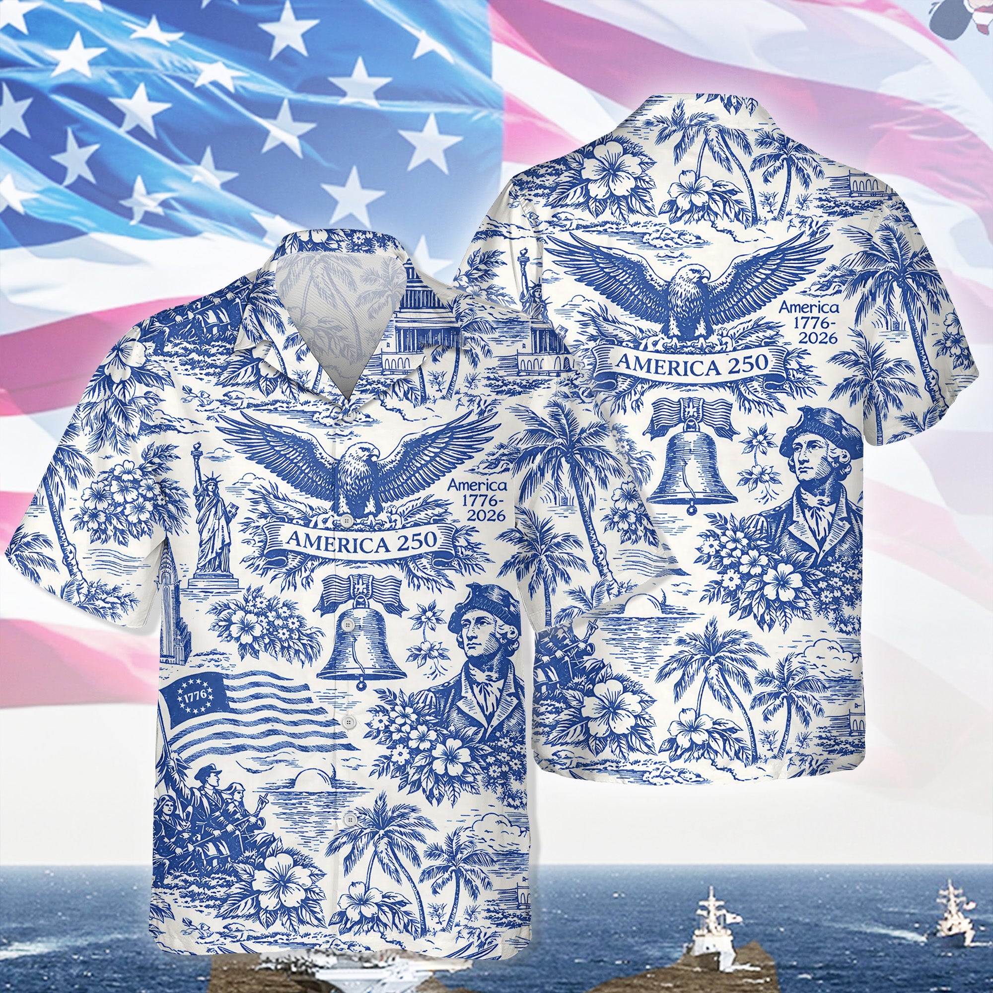 America 250th Anniversary Toile De Jouy Style Patriotic Hawaii Shirt-America250