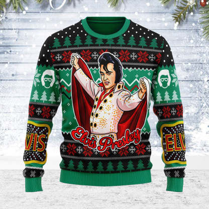 Elviss Presleyy Belt buckle Sign with Rhinestone Christmas Ugly Sweatshirt