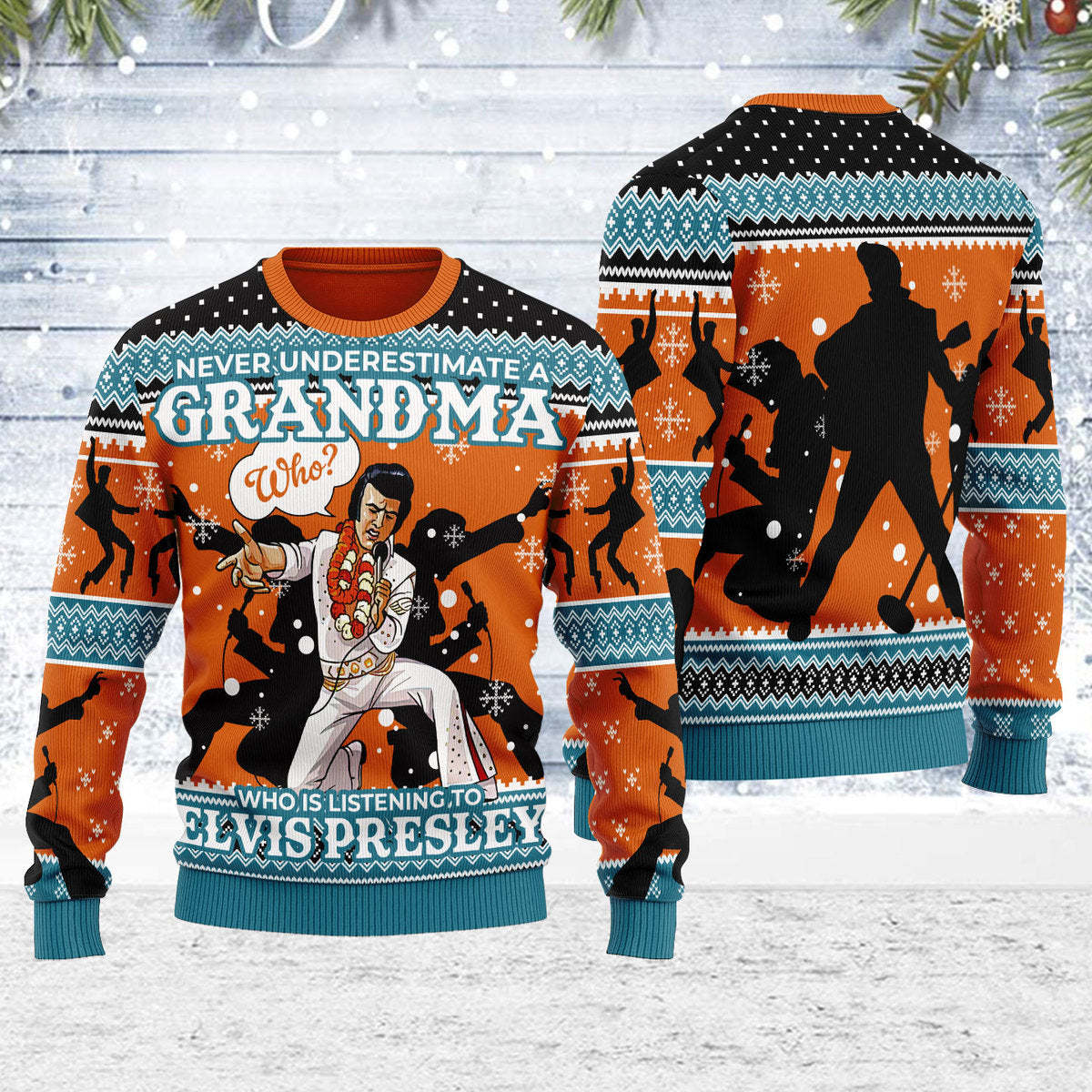 Gearhomie Who is Listening to Elvis Presley Christmas Ugly Sweater