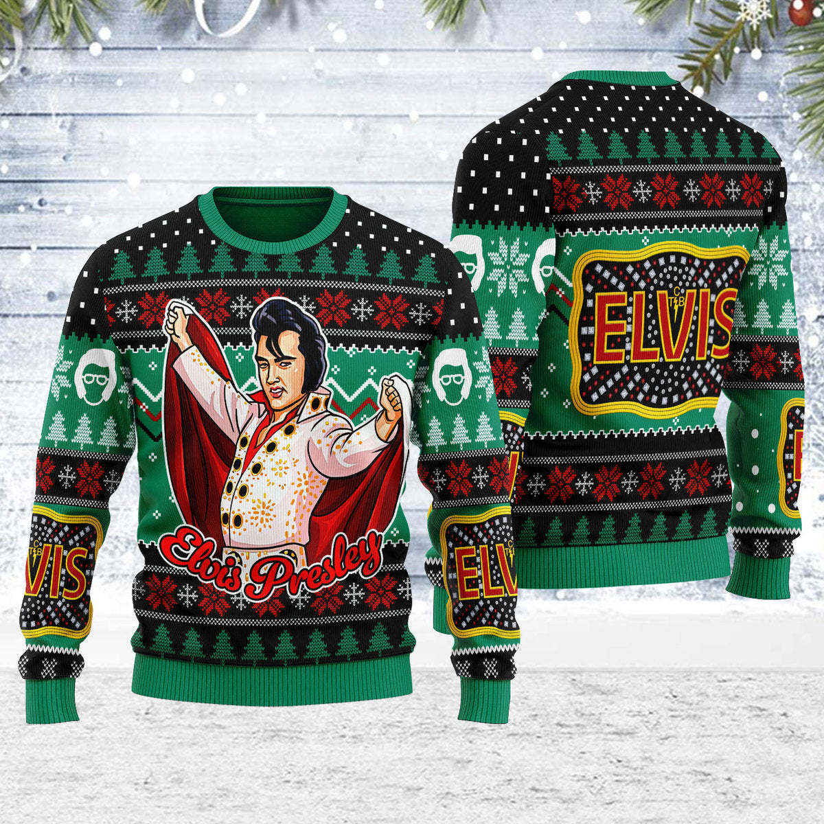 Elviss Presleyy Belt buckle Sign with Rhinestone Christmas Ugly Sweatshirt