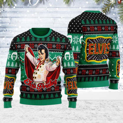 Elviss Presleyy Belt buckle Sign with Rhinestone Christmas Ugly Sweatshirt