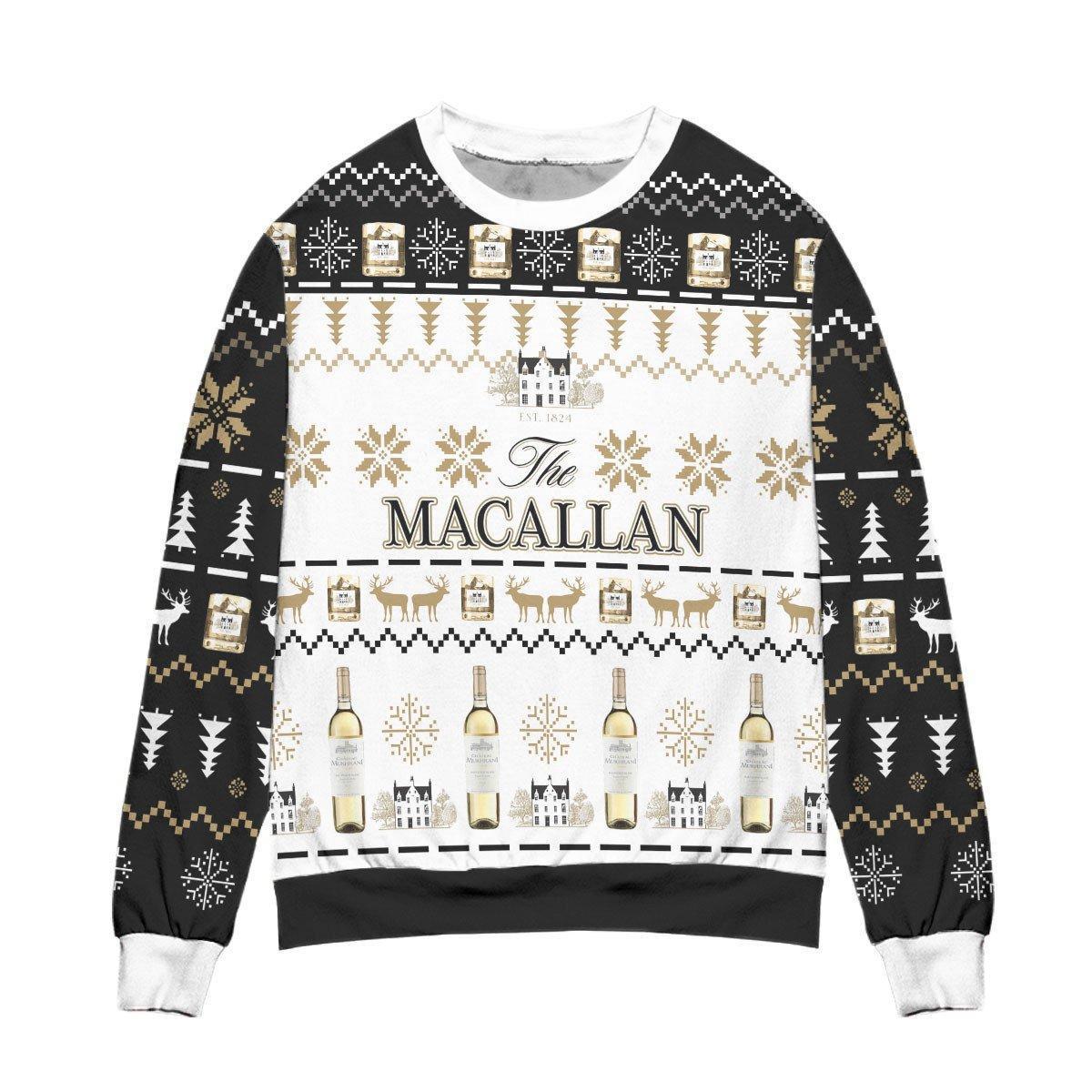 The Macallan Whisky Reindeer Snowflake Pattern Christmas Ugly Sweater