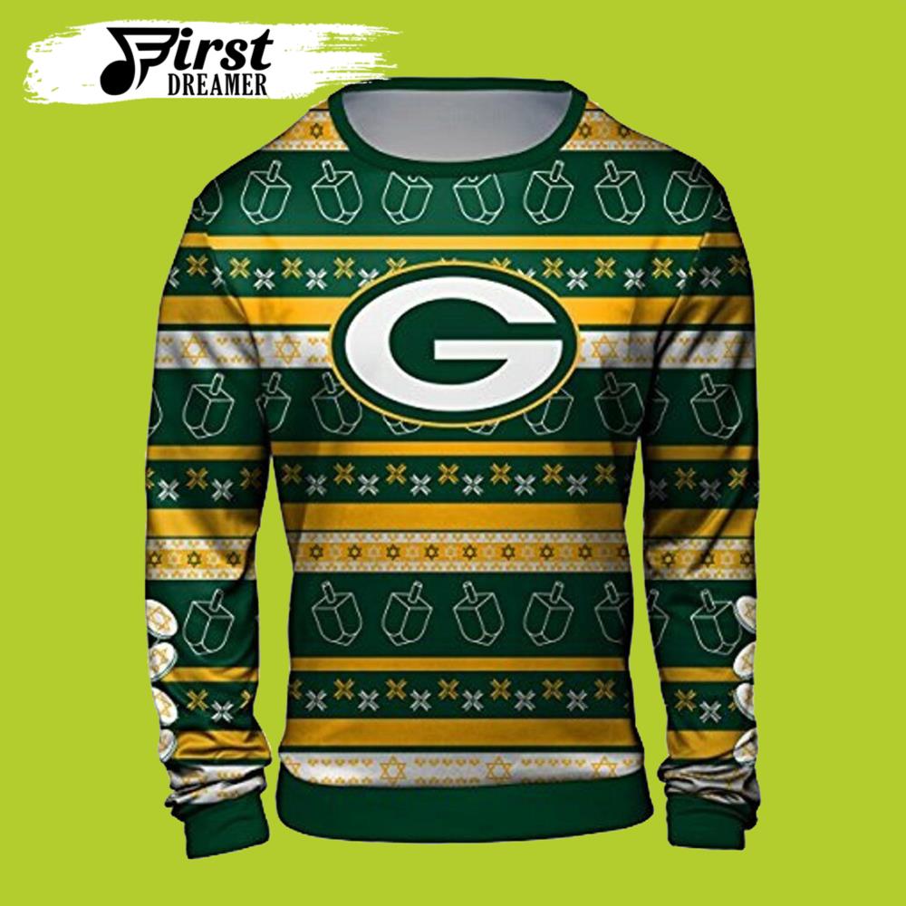 NFL Mens Hanukkah Green Bay Packers Ugly Christmas Sweater Crew Neck Sweater