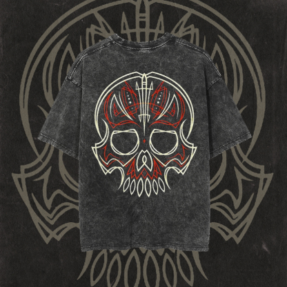Phantom Pinstripe Skull Print Men's Washed T-shirt