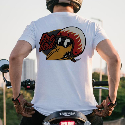 Fire Bird Crow with Helmet Letter Graphic Black Print T-shirt