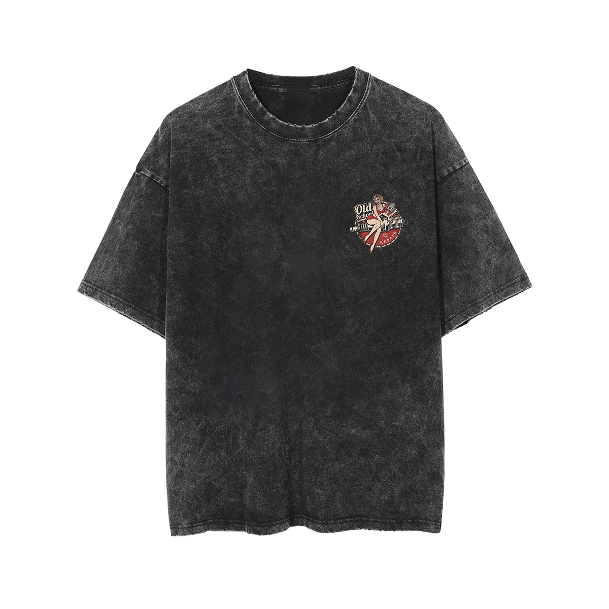 OLD SCHOOL Motorcycle Lady Black Print Washed T-shirt