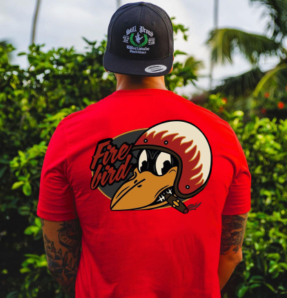Fire Bird Crow with Helmet Letter Graphic Black Print T-shirt