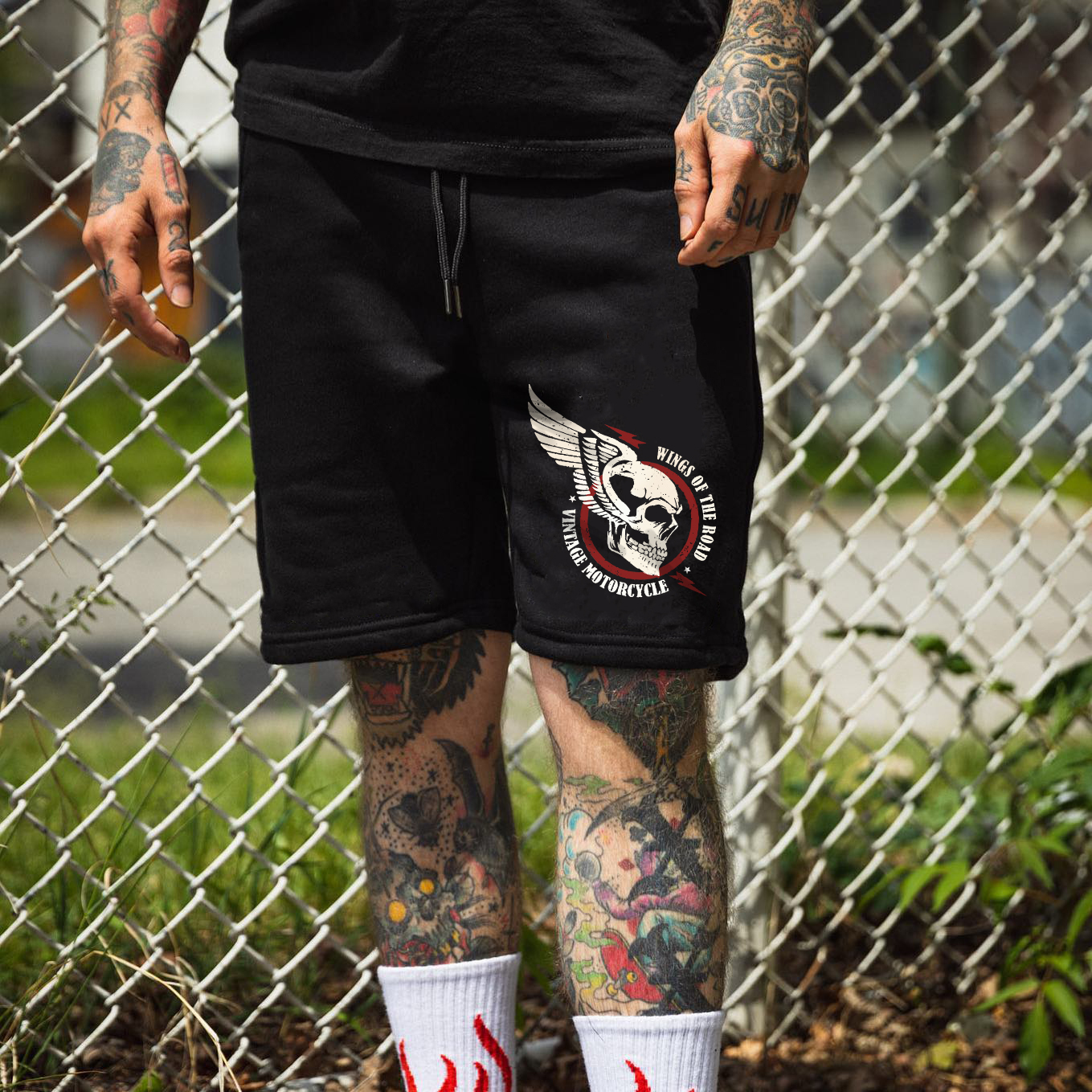 WINGS OF THE ROAD VINTAGE MOTORCYCLE Skull Black Print Shorts