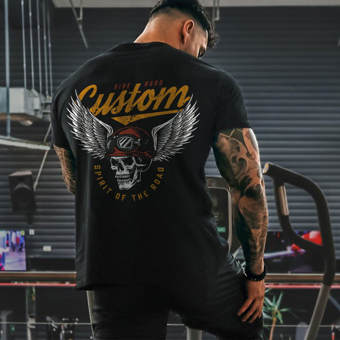 CUSTOM SPIRIT OF THE ROAD Skull with Winged Helmet Black Print T-shirt