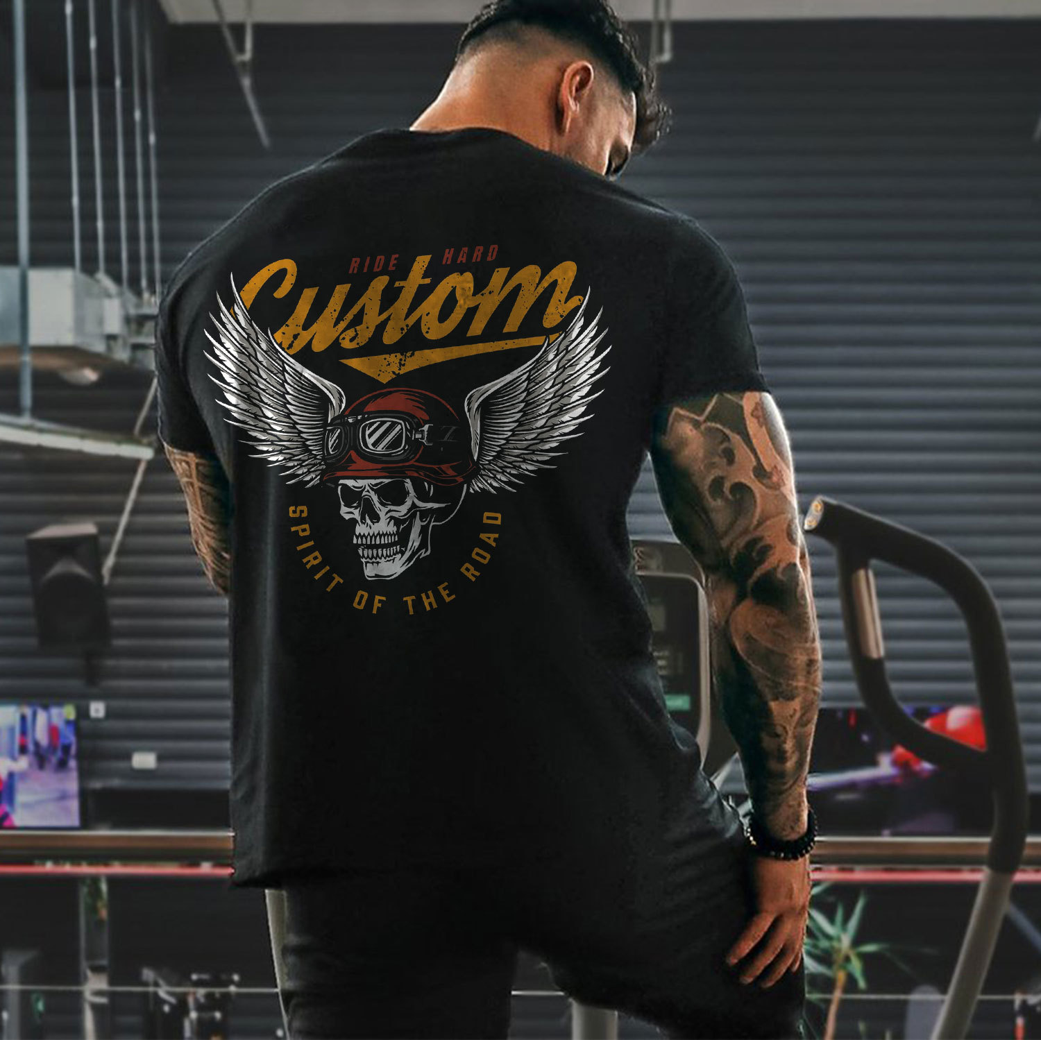CUSTOM SPIRIT OF THE ROAD Skull with Winged Helmet Black Print T-shirt