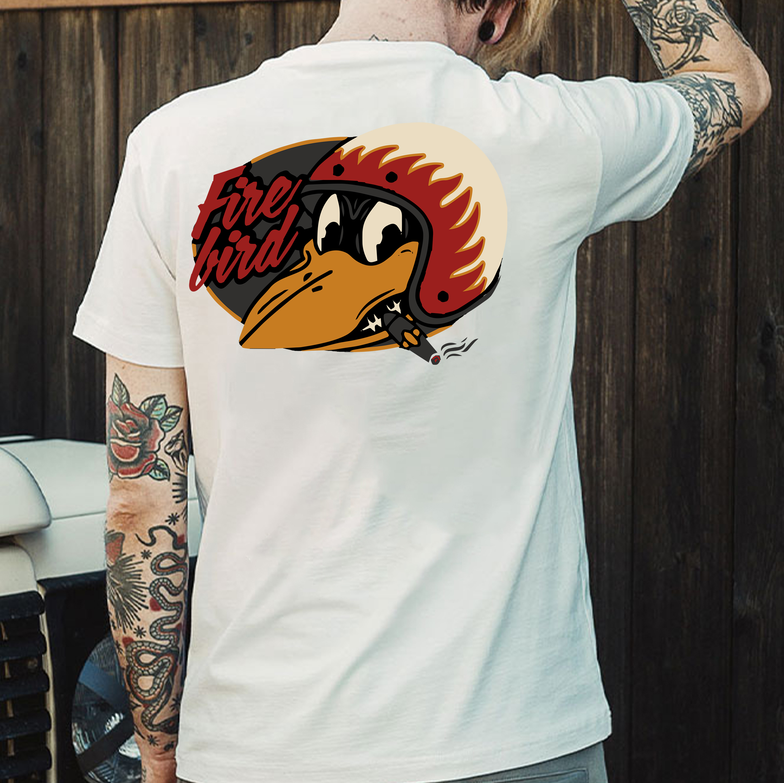 Fire Bird Crow with Helmet Letter Graphic Black Print T-shirt