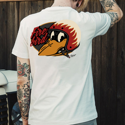 Fire Bird Crow with Helmet Letter Graphic Black Print T-shirt