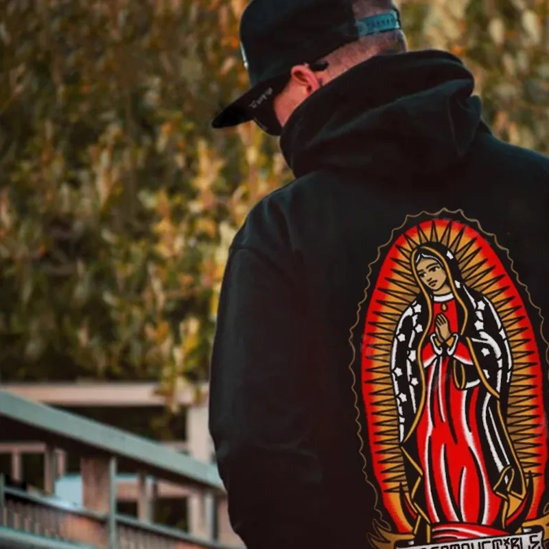 Praying Goddess Letter Graphic Black Print Hoodie
