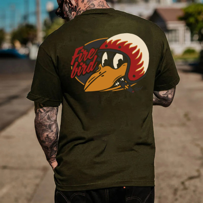 Fire Bird Crow with Helmet Letter Graphic Black Print T-shirt
