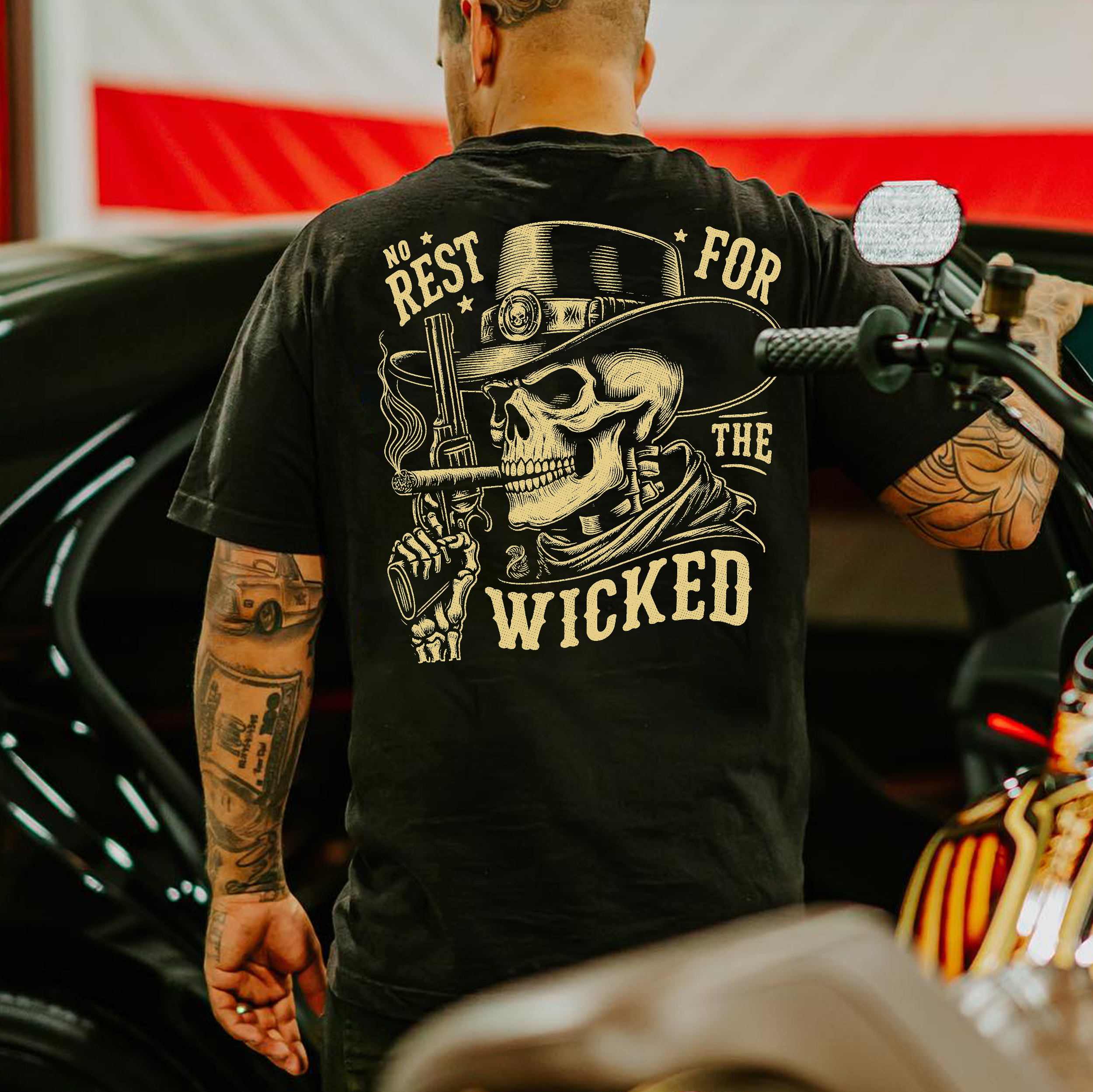 REST FOR WICKED Gangster Skeleton Print Men's T-shirt
