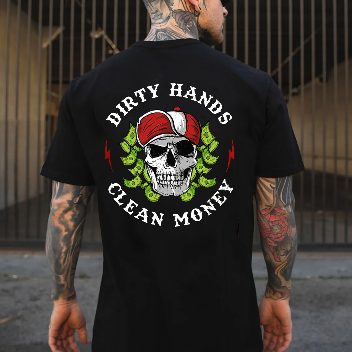 DIRTY HANDS CLEAN MONEY Skull Black Print T-Shirt