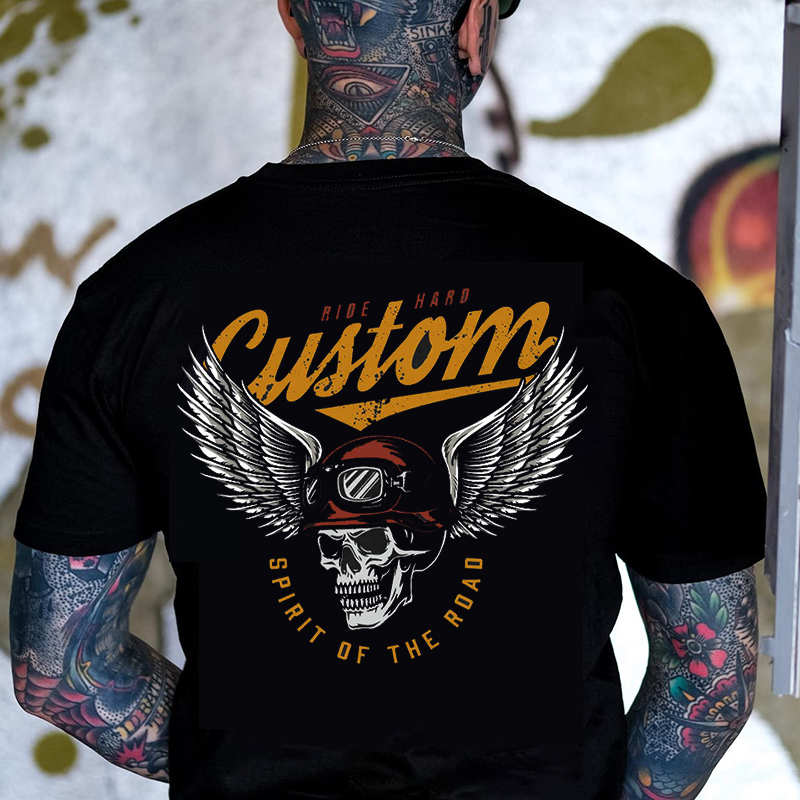 CUSTOM SPIRIT OF THE ROAD Skull with Winged Helmet Black Print T-shirt