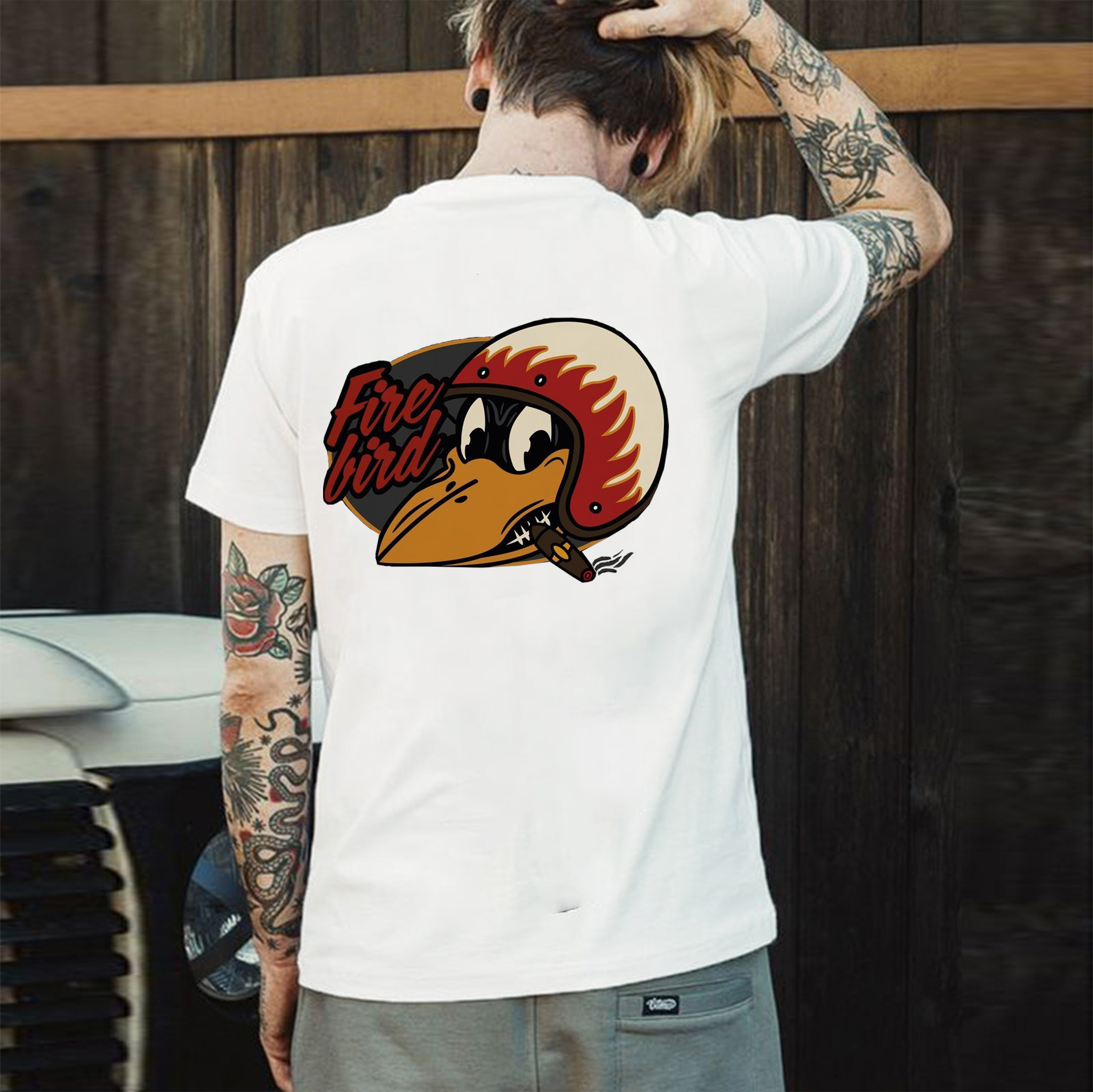 Fire Bird Crow with Helmet Letter Graphic Black Print T-shirt