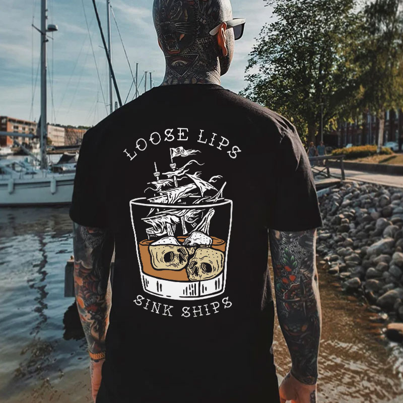 LOOSE LIPS SINK SHIPS Skulls Ship in the Water Graphic Black Print T-shirt