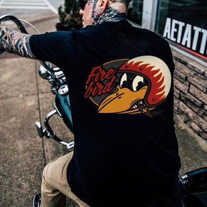 Fire Bird Crow with Helmet Letter Graphic Black Print T-shirt