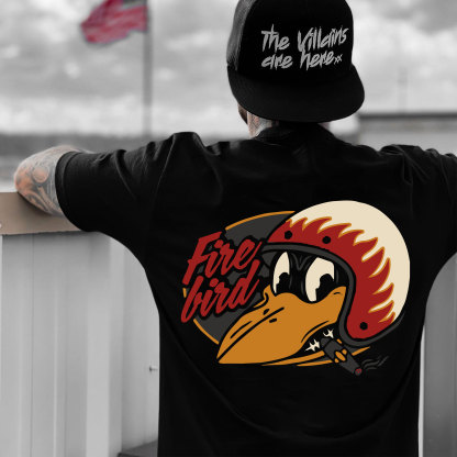 Fire Bird Crow with Helmet Letter Graphic Black Print T-shirt