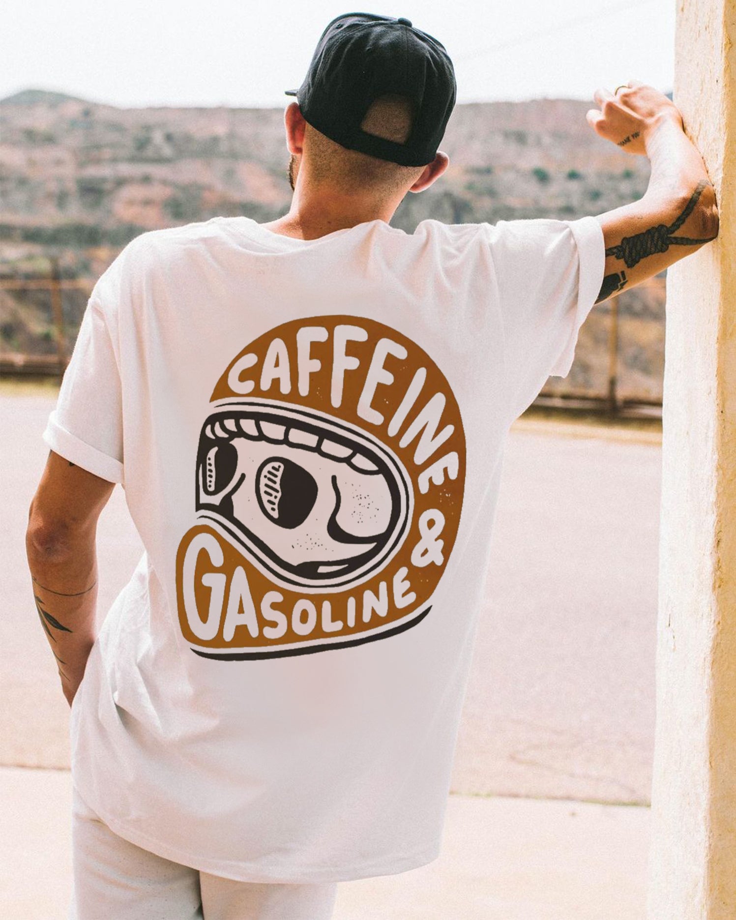 Modern Orange or Black Caffeine & Gasoline White Print T-shirt