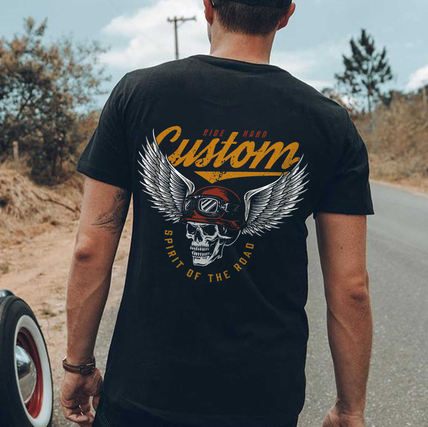 CUSTOM SPIRIT OF THE ROAD Skull with Winged Helmet Black Print T-shirt