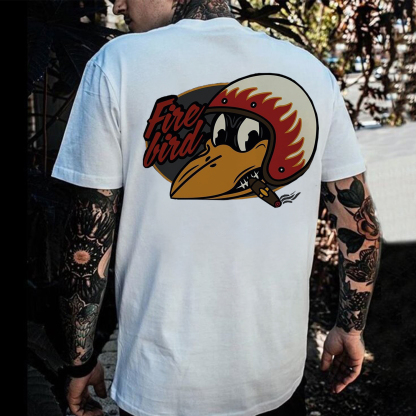 Fire Bird Crow with Helmet Letter Graphic Black Print T-shirt