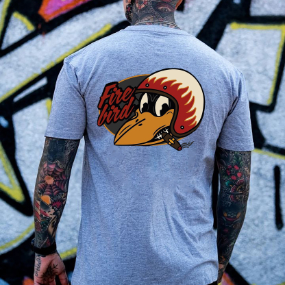 Fire Bird Crow with Helmet Letter Graphic Black Print T-shirt