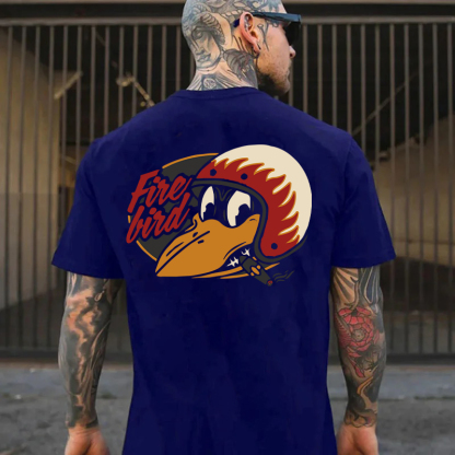 Fire Bird Crow with Helmet Letter Graphic Black Print T-shirt
