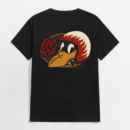 Fire Bird Crow with Helmet Letter Graphic Black Print T-shirt
