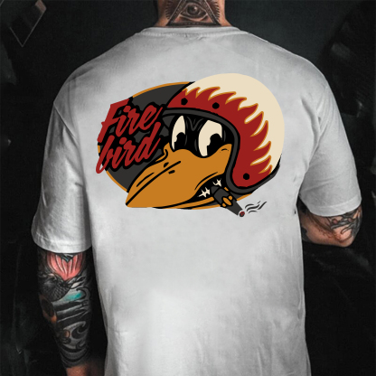 Fire Bird Crow with Helmet Letter Graphic Black Print T-shirt