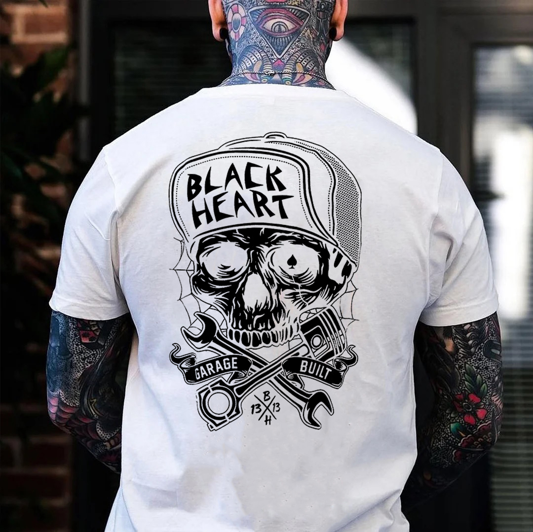 BLACK HEART Skull Print Men's T-shirt