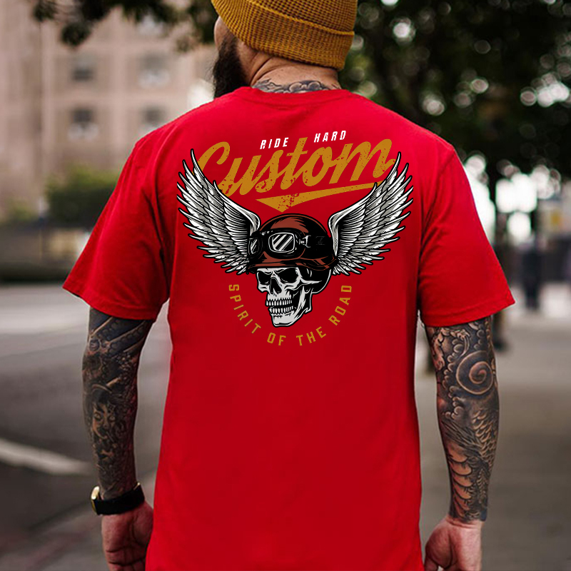 CUSTOM SPIRIT OF THE ROAD Skull with Winged Helmet Black Print T-shirt