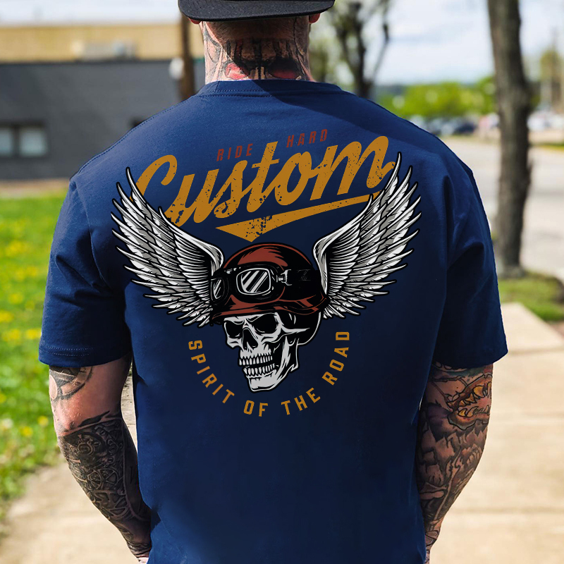 CUSTOM SPIRIT OF THE ROAD Skull with Winged Helmet Black Print T-shirt