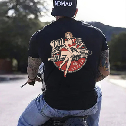 OLD SCHOOL Motorcycle Lady Black Print T-Shirt