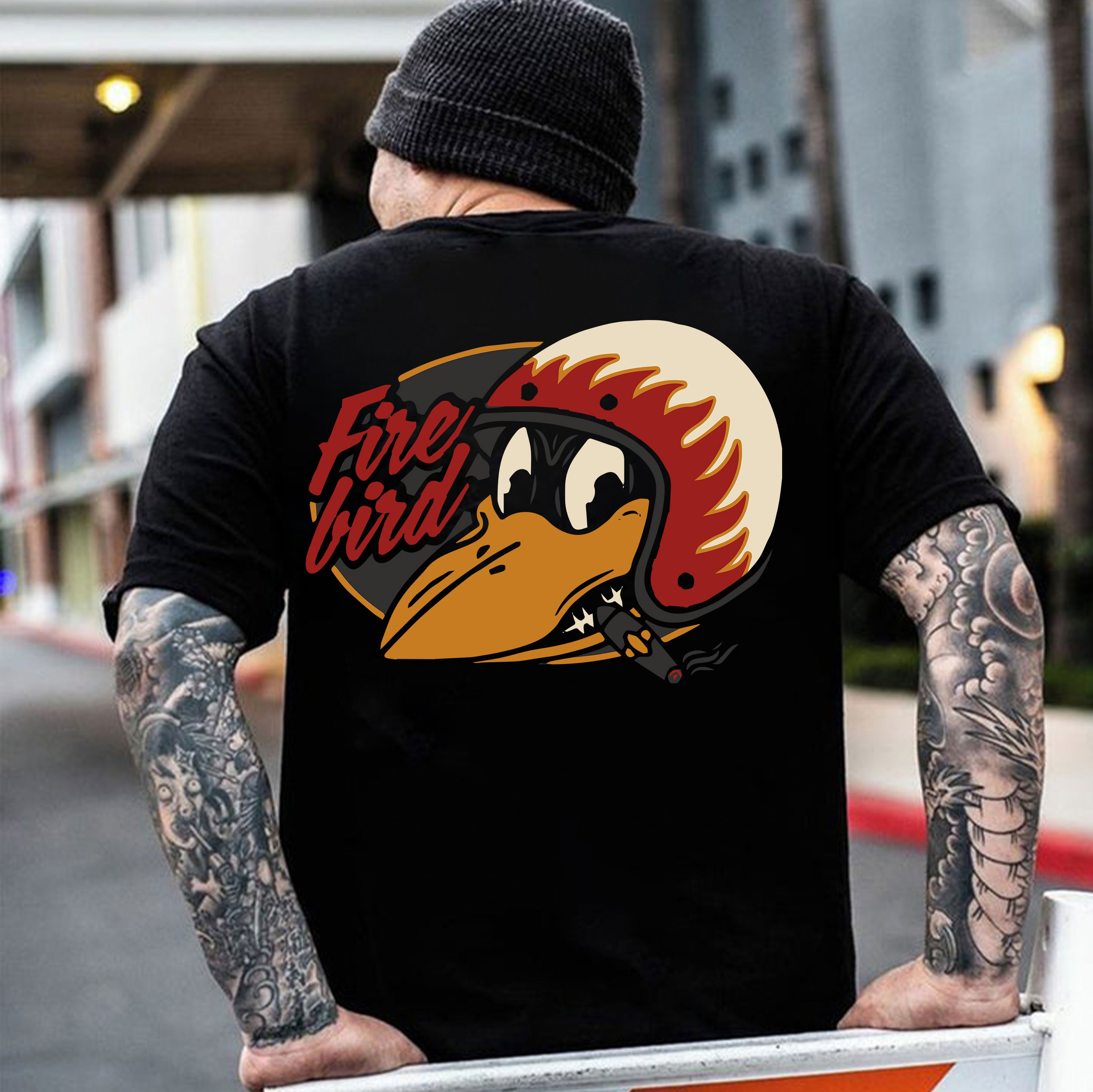 Fire Bird Crow with Helmet Letter Graphic Black Print T-shirt