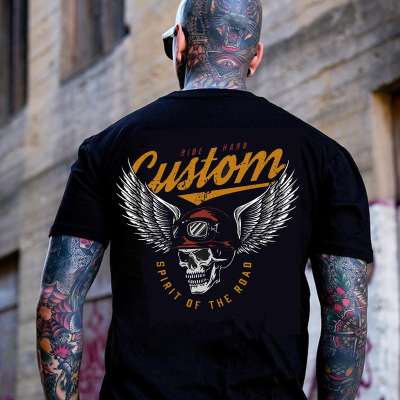 CUSTOM SPIRIT OF THE ROAD Skull with Winged Helmet Black Print T-shirt
