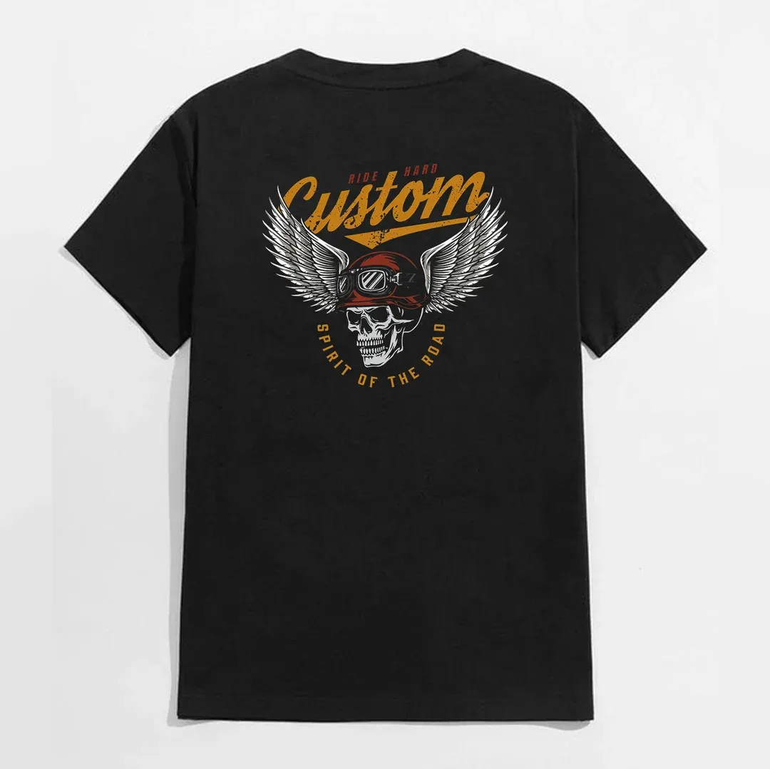 CUSTOM SPIRIT OF THE ROAD Skull with Winged Helmet Black Print T-shirt