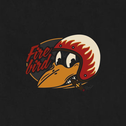Fire Bird Crow with Helmet Letter Graphic Black Print T-shirt