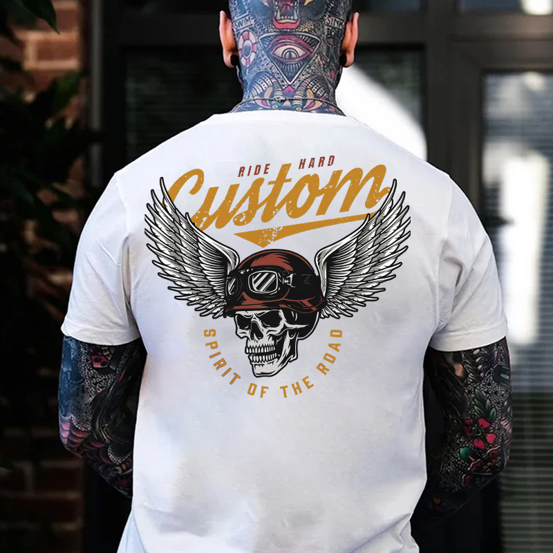 CUSTOM SPIRIT OF THE ROAD Skull with Winged Helmet Black Print T-shirt
