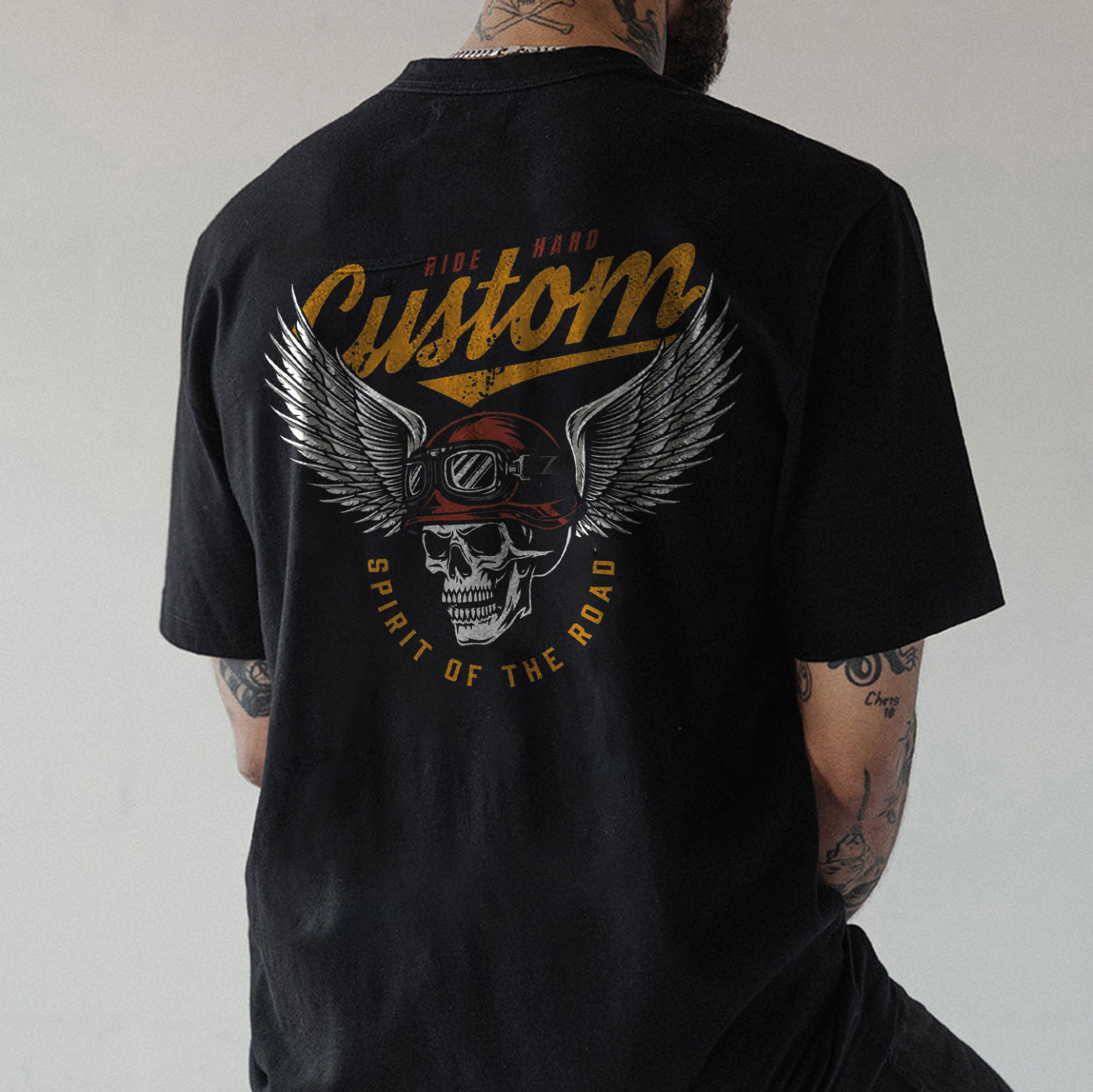 CUSTOM SPIRIT OF THE ROAD Skull with Winged Helmet Black Print T-shirt