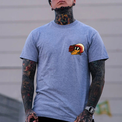 Fire Bird Crow with Helmet Letter Graphic Black Print T-shirt