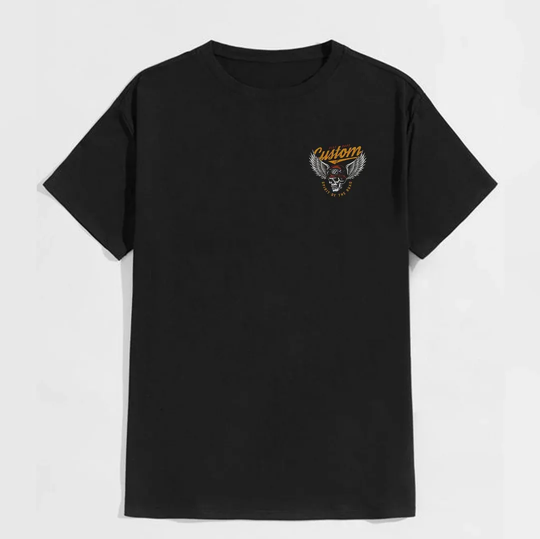 CUSTOM SPIRIT OF THE ROAD Skull with Winged Helmet Black Print T-shirt