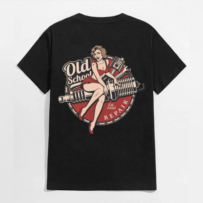 OLD SCHOOL Motorcycle Lady Black Print T-Shirt
