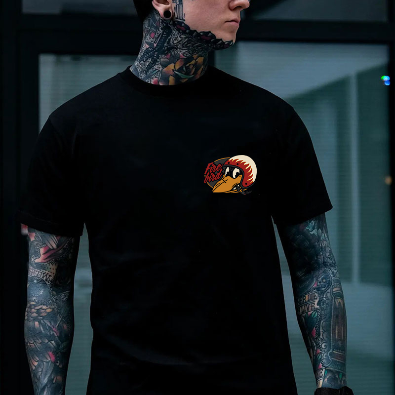 Fire Bird Crow with Helmet Letter Graphic Black Print T-shirt