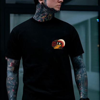 Fire Bird Crow with Helmet Letter Graphic Black Print T-shirt